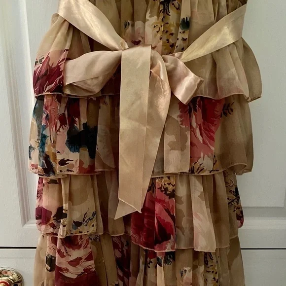 Romantic Tan Floral Ruffle Dress - Picture 8 of 12